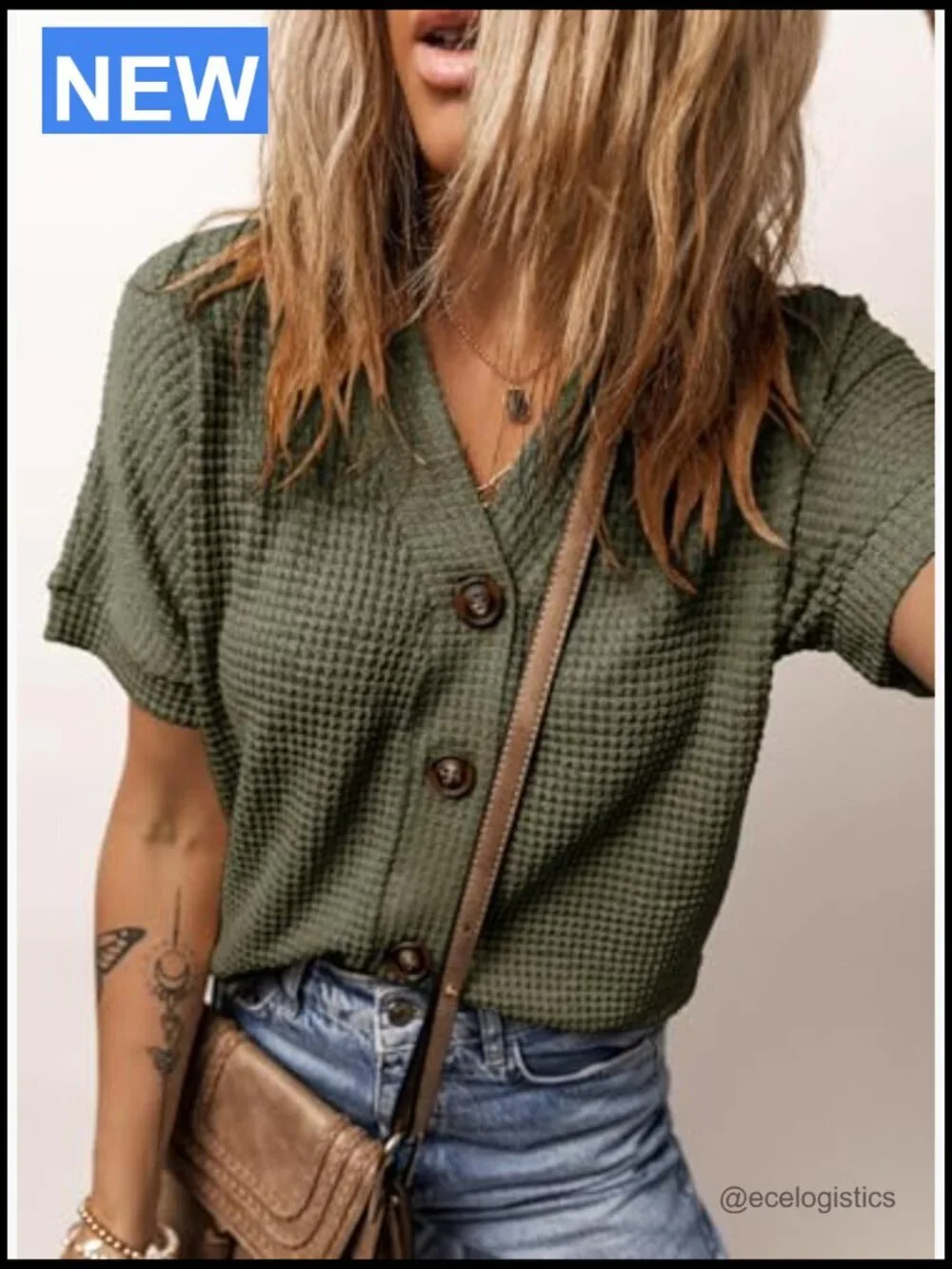 Waffle Knit Button Down Shacket Jacket Dressy Blouses